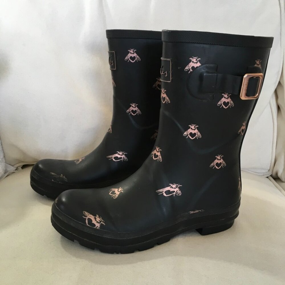 Joules Molly Welly Black Love Bees Mid Rubber Rain Boots